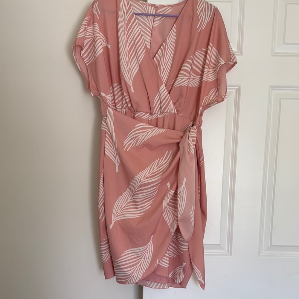 Pink and White Leaf Print Wrap Dress